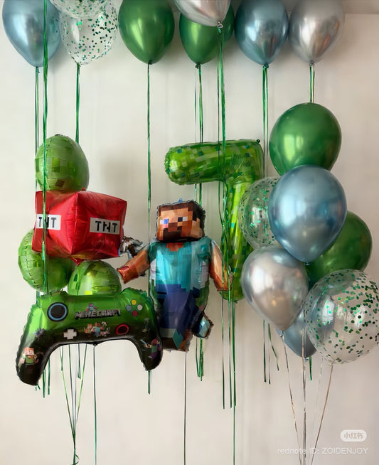 Single Number Set of Green Number ‘7’ Balloon with Game Controller, Minecraft Character Steve, Green Shinny Blue Silver Clear with Confetti Green Circle Red TNT Helium Bunch - Minecraft-Themed Perfect for any Occasions