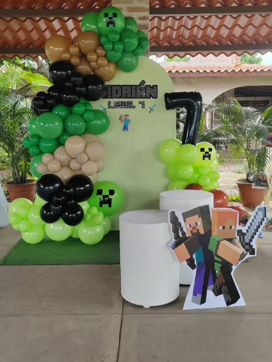 Customizable Board Backdrop with Balloon Green, Beige, Brown and Black with Number 7 accents, Cake Stand with Minecraft Character Standee - Minecraft-Themed Perfect for special occasion!