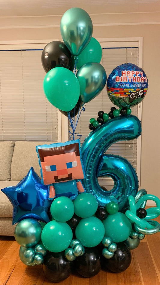 Platform Blue Number '6' with Latex Teal, Black and Chrome Green, Minecraft Character, Blue Star and Circle Foil 'Happy Birthday' and Latex Helium Bunch - Minecraft-Themed Perfect for special occasions!