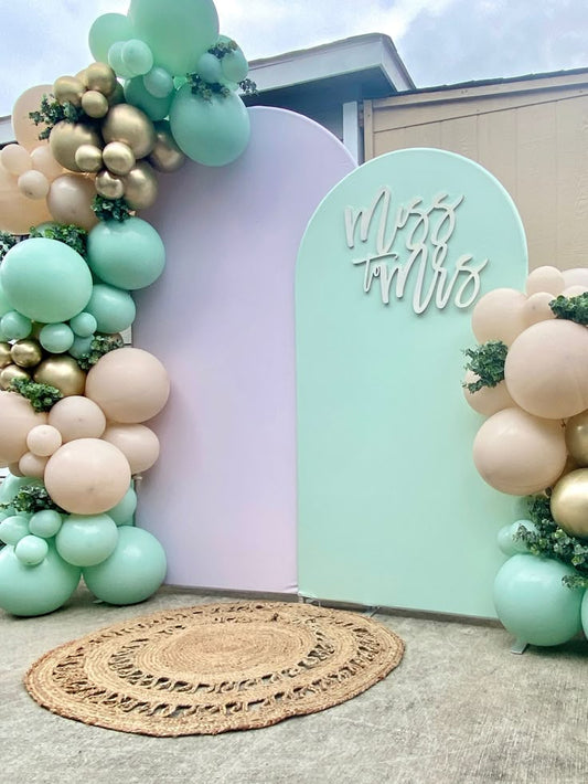 Customize Backdrop with Acrylic Customize Texts Organic Balloon Garland Arrangement Beige, Light Gold, Mint Green and Artificial Leaves - Perfect for special occasion