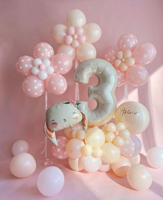 Platform Beige Number '3' with Customize Sticker, Latex Pink, White, Yellow with Rabbit Bunny Foil accents and Customize Flower Background - Perfect for special occasions!