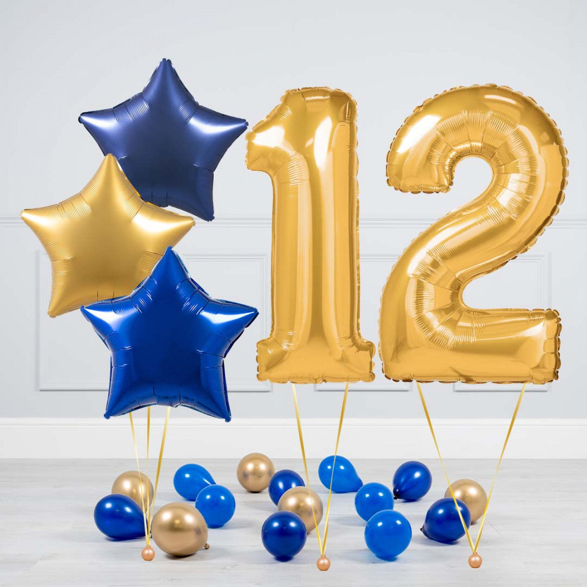 Helium Gold Two Number Set Balloon - Dark Blue, Blue and Gold Stars with Mini Balloons