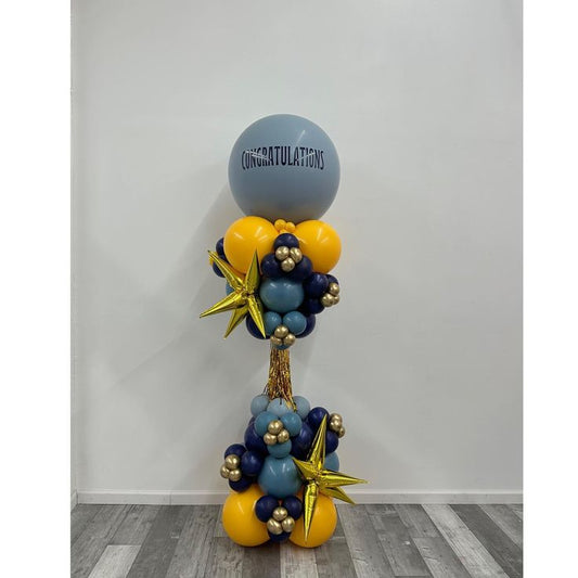 Personalised Pillar/Column/Tower Balloons Dark Blue, Yellow and Gold with Customize Sticker, Starburst and Tassels - Birthday, Corporate Event, Grand Opening, Company Event Perfect for special occasion!