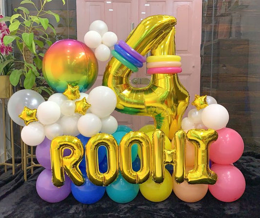 Platform Gold Number '4' with Latex Purple, Green, Blue, Yellow, Peach, White, Pink and Pearl White with Orbs and Letter Foil Balloons – Customizable Design