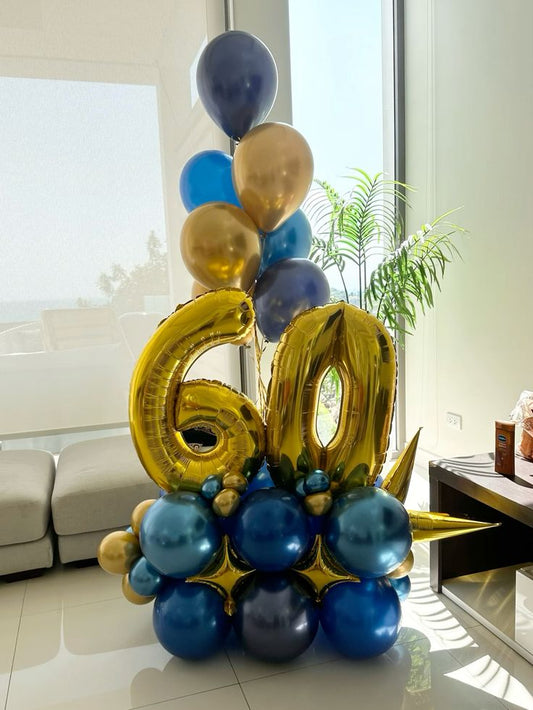 Platform Gold Numbers '60' with Latex Gold, Chrome Blue, Blue and Navy Blue with Starburst accents and Helium Latex Bunch – Customizable Design