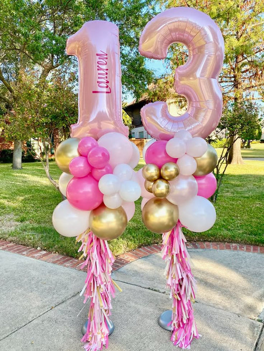 Balloon White, Gold and Pink with Customize Sticker, Tassels, Number Balloon '13' on Top Pillar/Column/Tower - Birthday, Corporate Event, Grand Opening, Company Event Perfect for special occasion!