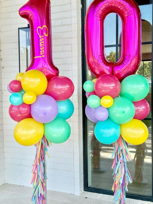 Balloon Yellow, Pink, Purple, Green and Teal with Customize Sticker, Tassels, Number Balloon '10' on Top Pillar/Column/Tower - Birthday, Corporate Event, Grand Opening, Company Event Perfect for special occasion