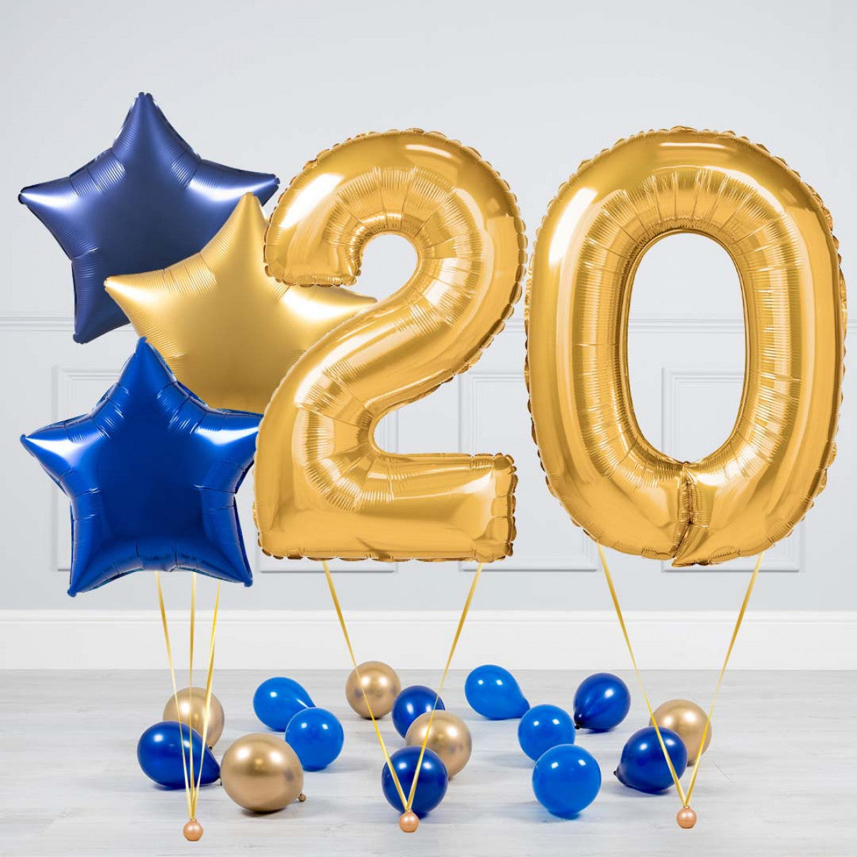 Helium Gold Two Number Set Balloon - Dark Blue, Blue and Gold Stars with Mini Balloons