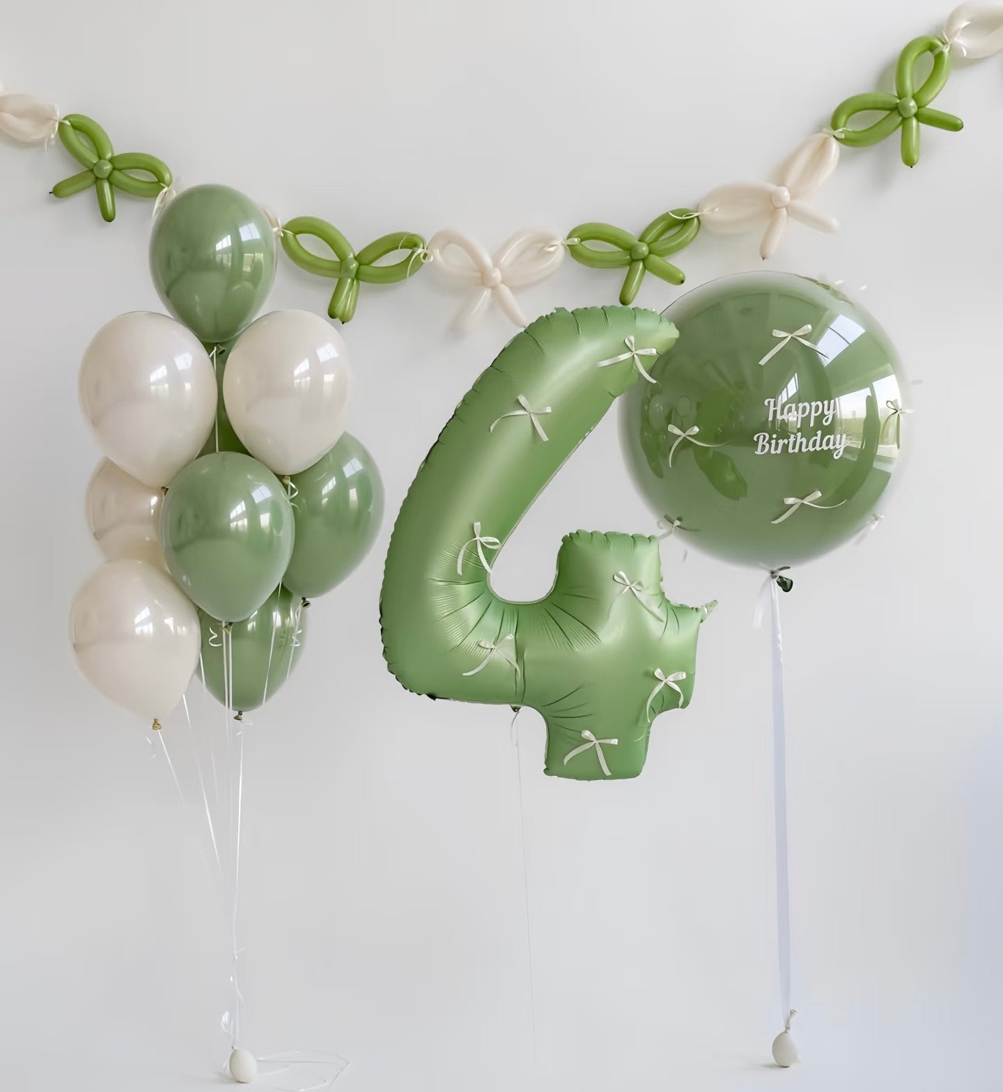 Personalised Helium Balloon Clear with Green Latex with Customize Sticker Single Number Set '4' Double Layered Latex Green Beige 260q Bow Designed Banner - Customizable Design