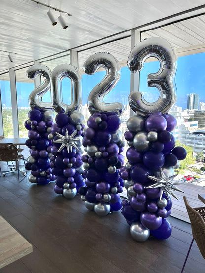 Balloon Blue and Silver with Number/Letter, Starburst and Tassels accents Pillar/Column/Tower - Corporate Event, Grand Opening, Company Event Perfect for special occasion!