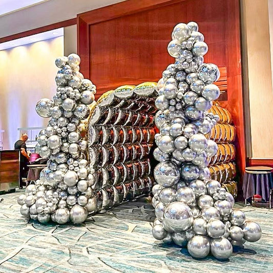 Balloons Silver Square Foil Garland Backdrop and Organic Arrangement Silver with Orbs Balloons accents - Perfect for special occasion!