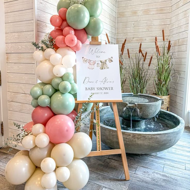 Customizable Canvas with Wooden Stand Welcome Board and Balloon Beige, Green, Pink with Artificial Leaves accents Organic Chain Arrangement - Perfect for any occasions!