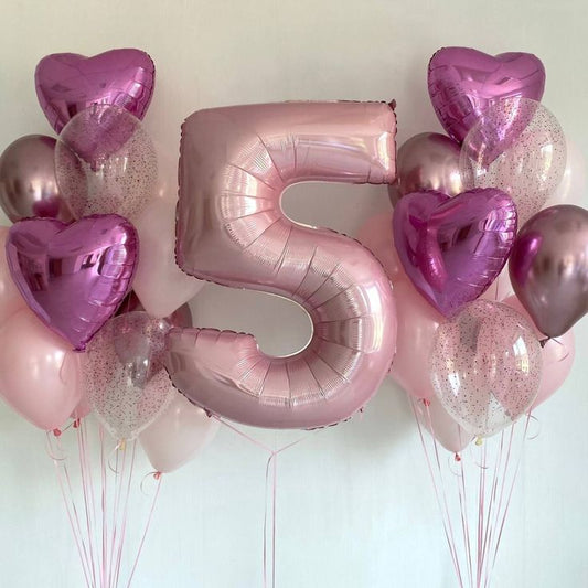 Helium Balloons Single Number Set Pink '5' with Latex Pink, Chrome Pink, Clear with Confetti and Heart-Shaped Foil Bunch with Ribbons - Perfect for any Occasions!