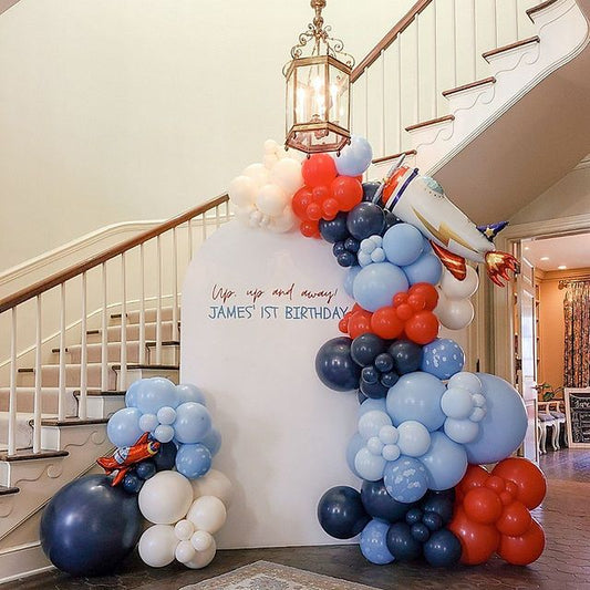 Customize Board Backdrop with Balloon White, Blue and Red with Plane Foil accents Aircraft-Themed Decor – Soar Into Celebration!