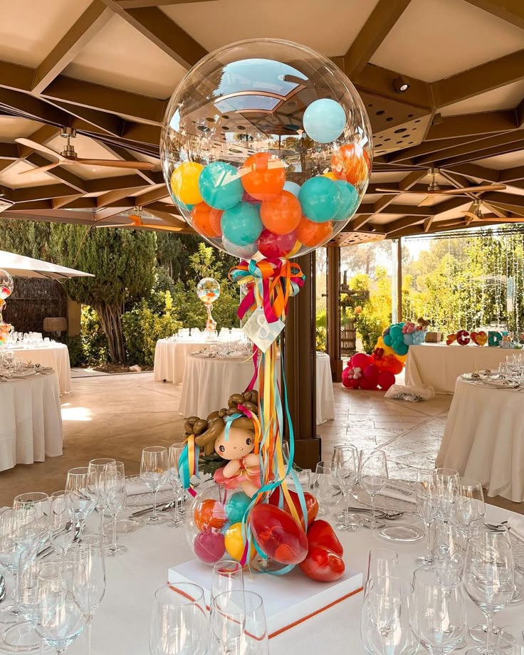 Centerpiece Clear with Mini Latex Balloons Teal, Orange, yellow Blue and Silver with Ribbons and Mini Stuff Toy - Customizable Decor