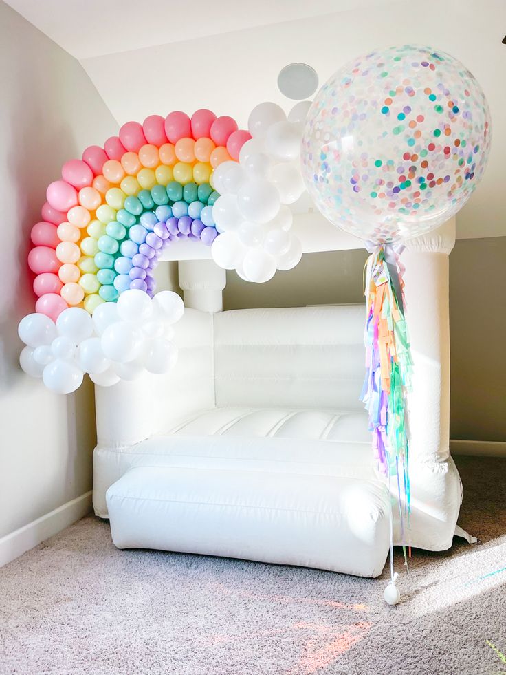 Bouncing Castle Rental 4x4m with Pit Balls and Balloon Rainbow Designed Blue, Purple, Pink, Yellow, Green, White and Peach with Helium Clear with Confetti, Ribbons and Tassels - Perfect for Birthday!