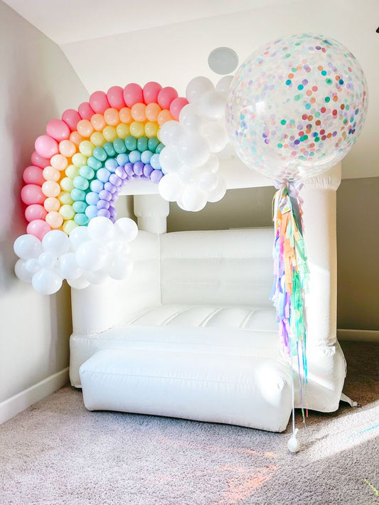 Bouncing Castle Rental 4x4m with Pit Balls and Balloon Rainbow Designed Blue, Purple, Pink, Yellow, Green, White and Peach with Helium Clear with Confetti, Ribbons and Tassels - Perfect for Birthday!