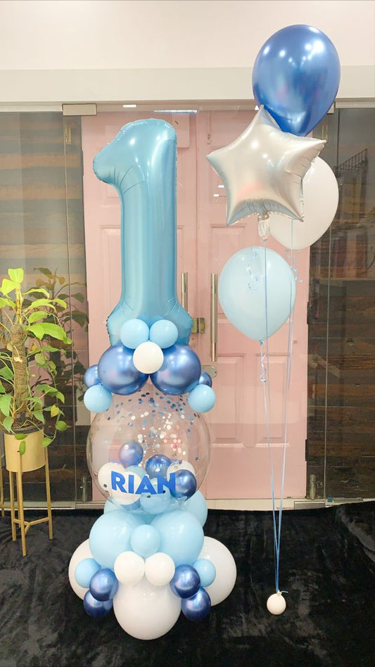 Balloon Blue, Chrome Blue and White, Clear with Mini Latex, Confetti, Customize Sticker and Blue Number Balloon on Stand '1' and Helium Balloons Star-Shaped and Latex - Birthday, Perfect for special occasion