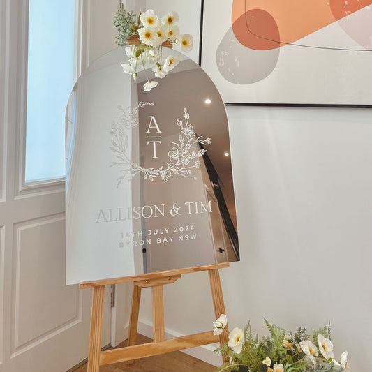 Wooden Stand with Mirror Frame Customizable with Sticker and Artificial Flowers - Perfect for special occasion!