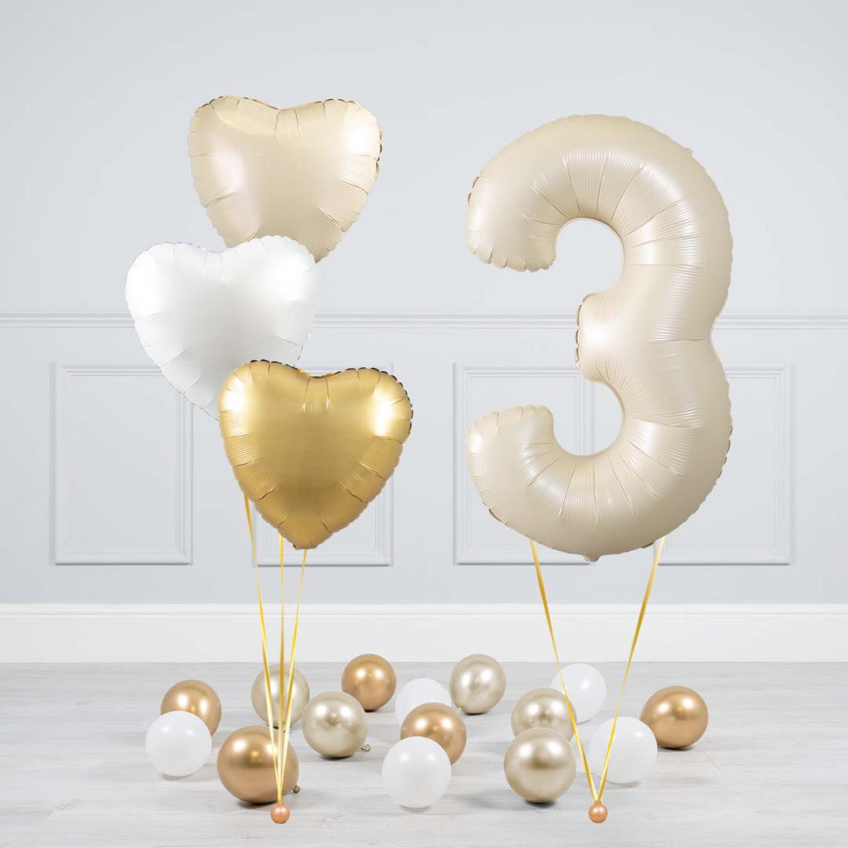 Helium Beige Single Number Set Balloon - Beige, White and Gold Hearts with Mini Balloons