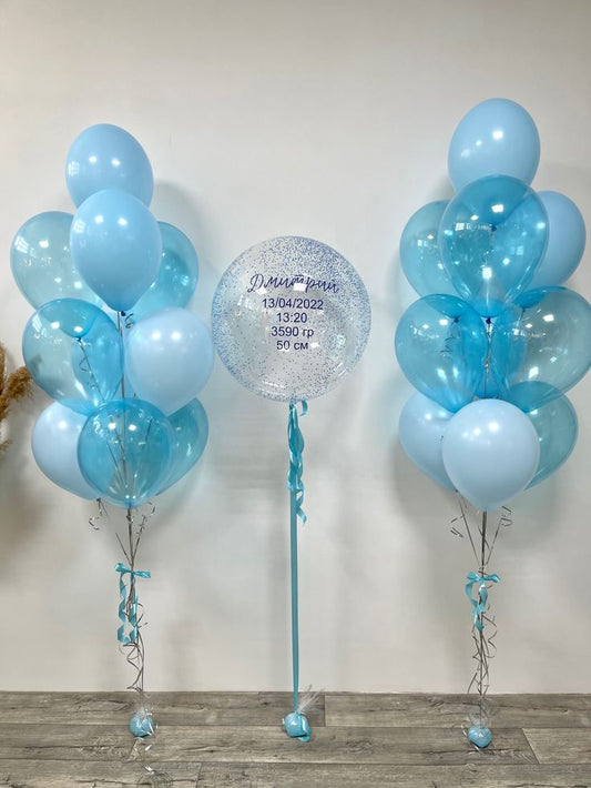 Personalised Clear with Confetti and Customize Sticker, Bunch Helium Balloon Different Shades of Blue - Baby Shower, Gender Reveal, Birthday Perfect for Special Occasions!