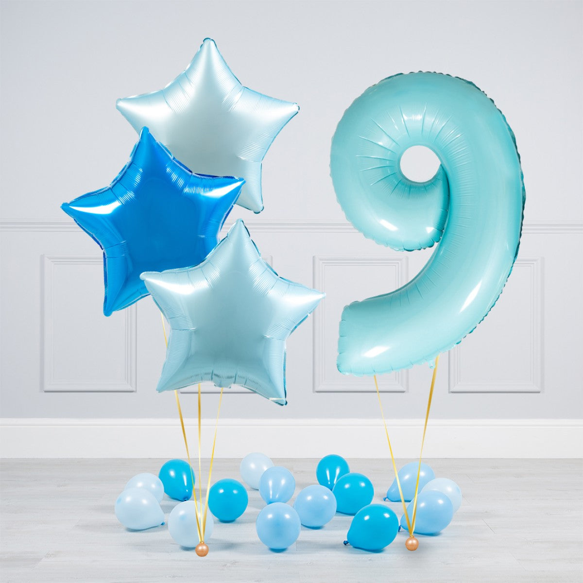 Helium Blue Single Number Set Balloon - Different Shade of Blue Stars with Mini Balloons