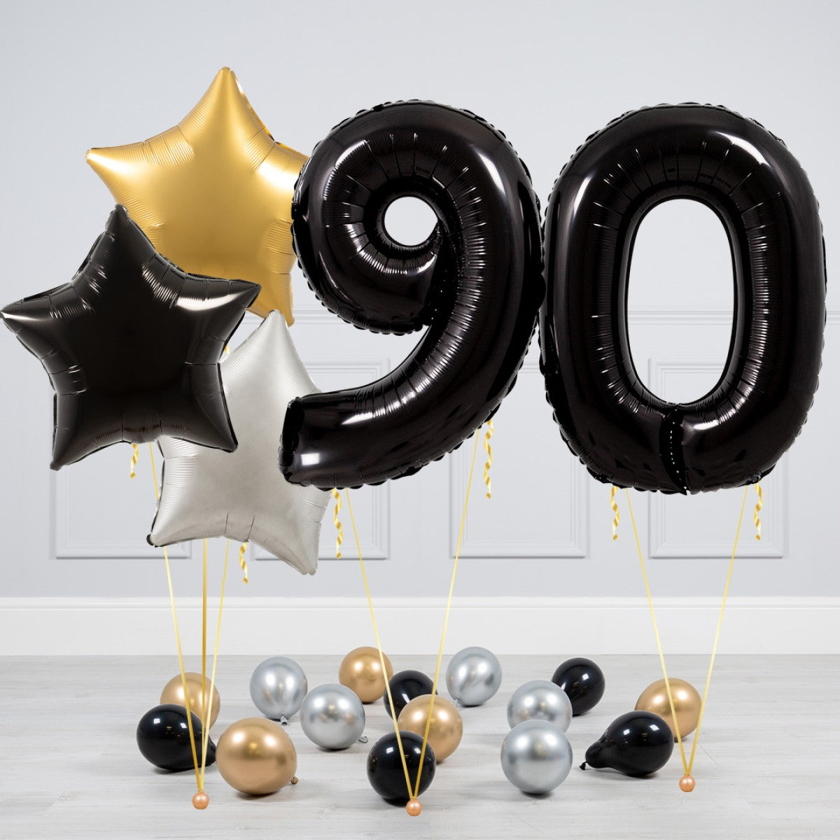 Helium Black Two Number Set Balloon - Gold, Black and White Stars with Mini Balloons