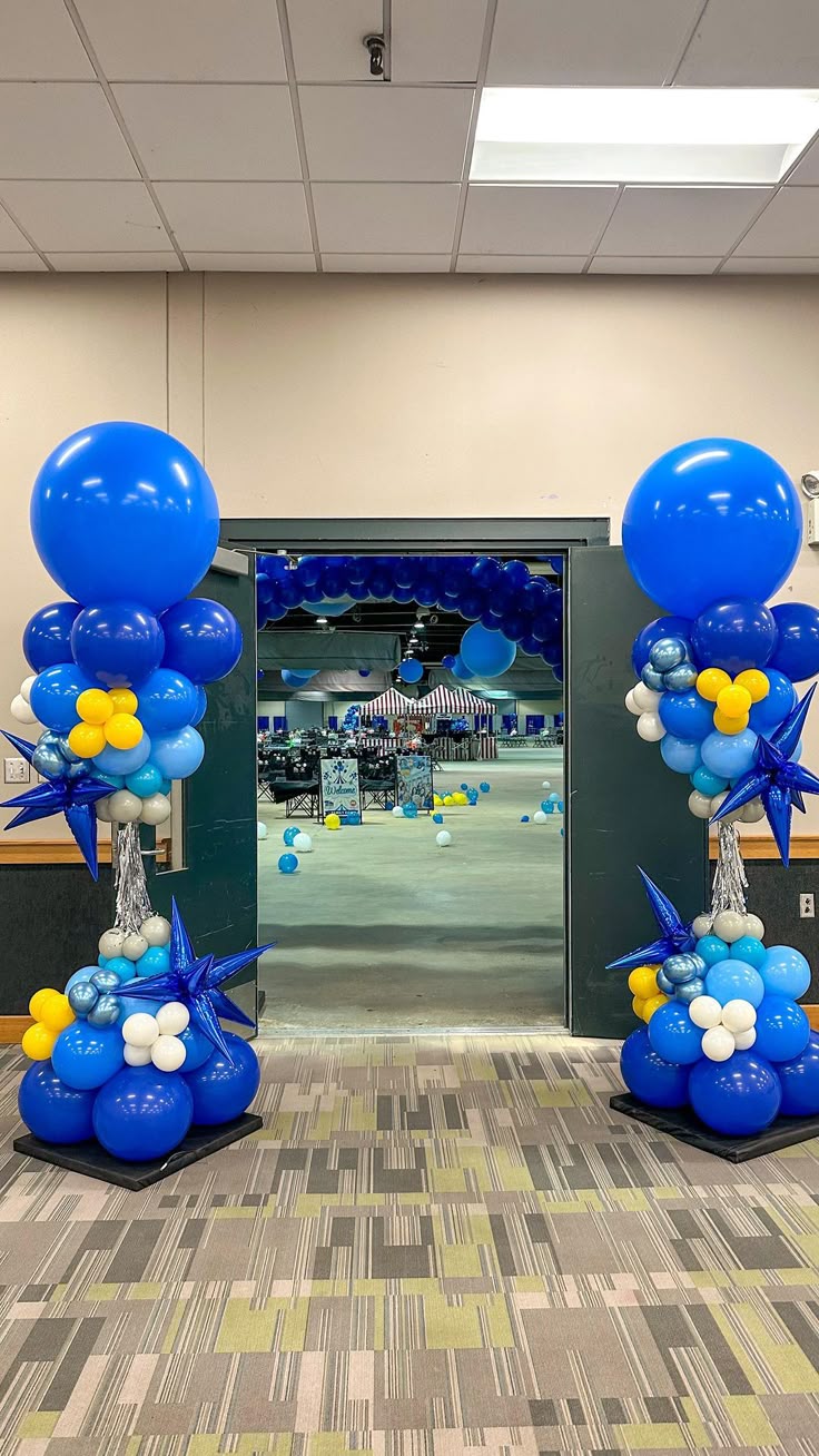 Personalised Company Logo Sticker Balloon Different Shade of Blue, Yellow and White with Starburst and Tassels accents Pillar/Column/Tower - Corporate Event, Grand Opening, Company Event Perfect for special occasion!