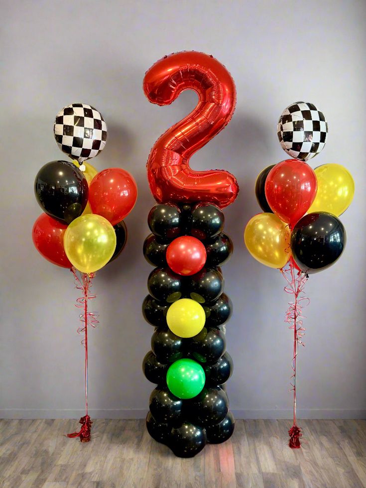 Number Balloon on Stand Red Number "2" Traffic Lights Black, Red, Yellow and Green and Circle Checkered with Latex Black, Red and Yellow Helium Bunch - Racing Car-Themed Customizable and Balloon Design