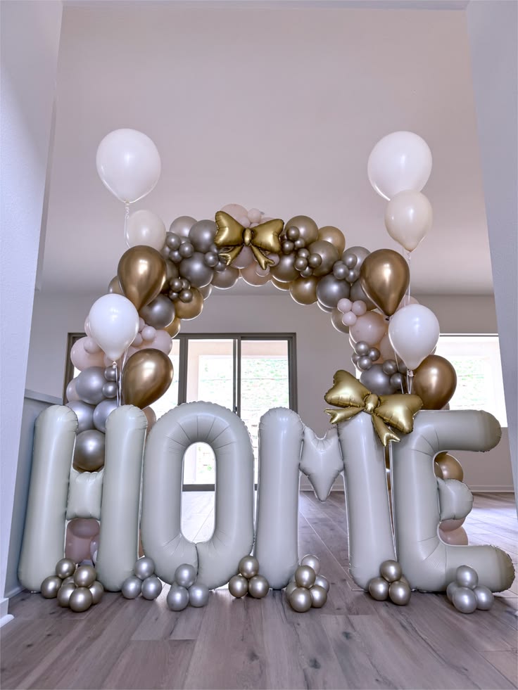 'WELCOME HOME' Platform Balloons Pastel Colors Beige Set With Ribbon Arch and Helium