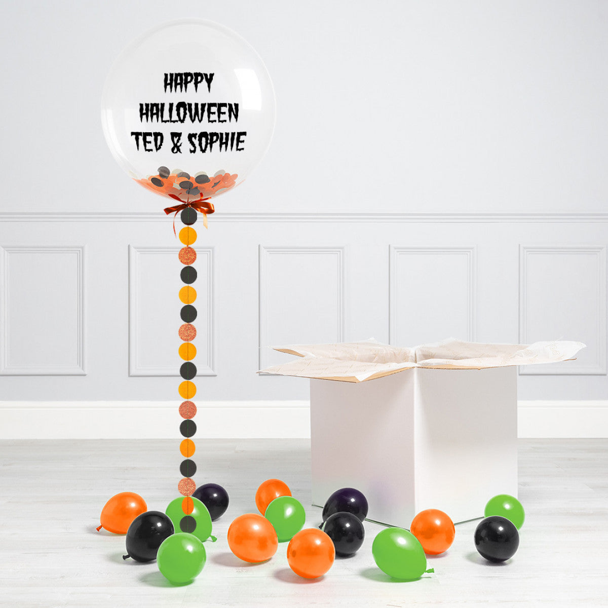 Personalised Helium Balloon Halloween Circles Confetti Helium Bubble Balloon Elevate Your Celebration with Our Stunning Helium Bubble Balloon Bouquet