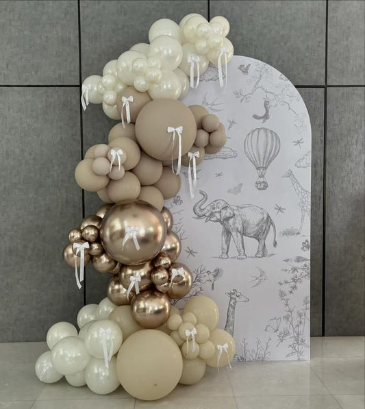 Customizable Board Backdrop with Balloons Beige, Brown, Light Gold and Pearl White with Ribbons accents - Perfect for special occasion