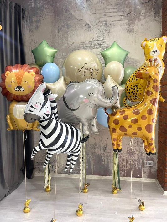 Balloons Foil Lion, Zebra, Giraffe, Elephant and Leopard with Personalised Clear with Beige and Customize Sticker, Green and Beige Stars with Helium Latex Bunch Beige, Green and Blue - Safari and Jungle-Themed Perfect for any Occasions