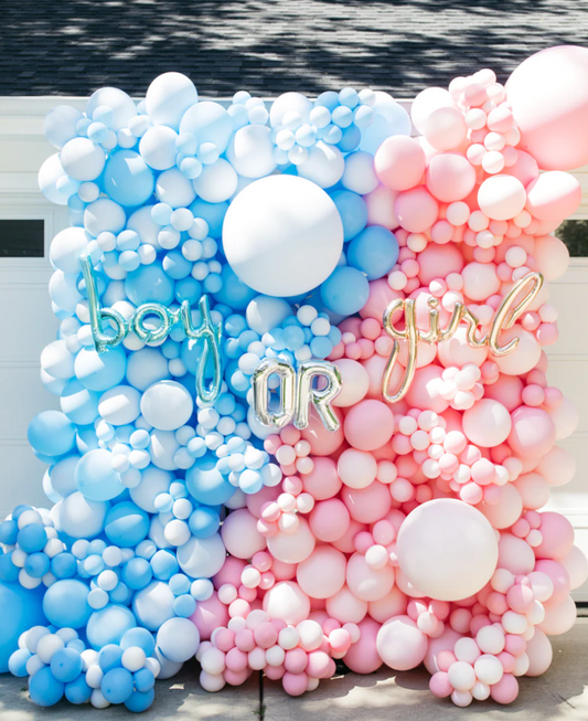 Gender Reveal Balloon Backdrop with Pink and Blue Balloon Arrangement and "Boy or Girl" Text