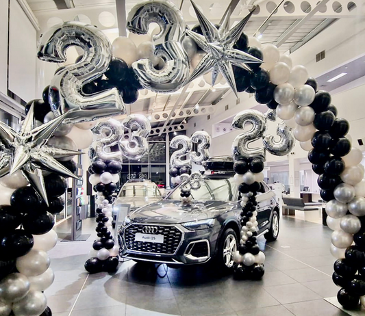 Car Surprise Balloon Design in Black, Silver, and Glossy White – Perfect for Any Sophisticated Celebrations