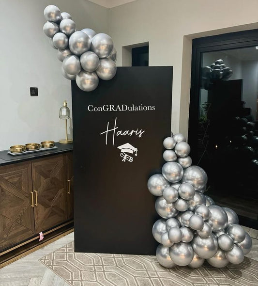 Minimal Design Customizable Board Backdrop with Silver Balloons - Perfect for special occasion