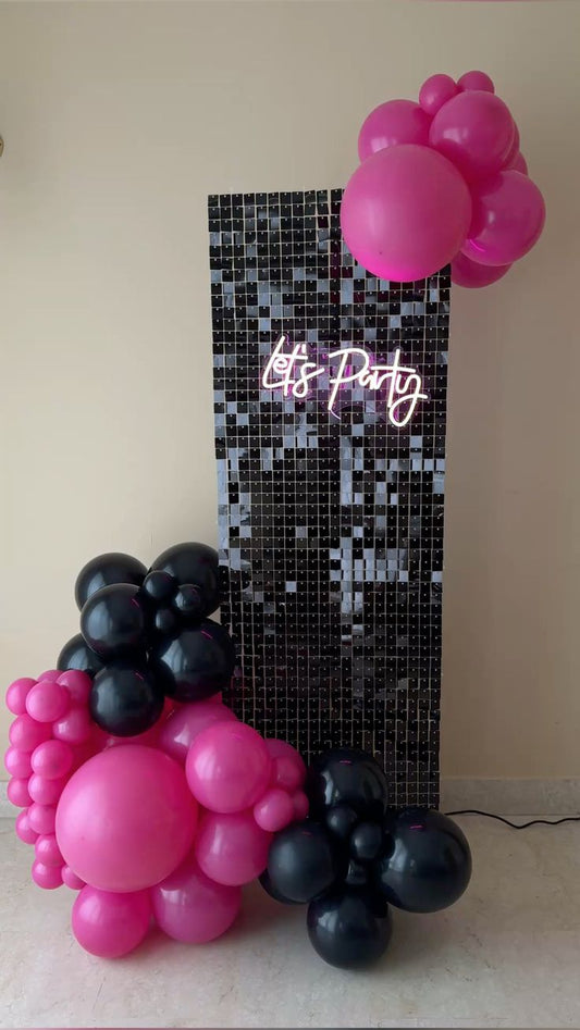 Black Shimmer Wall Setup with Balloon Pink and Black, LED Acrylic 'Let's Party' - Perfect for any Celebration
