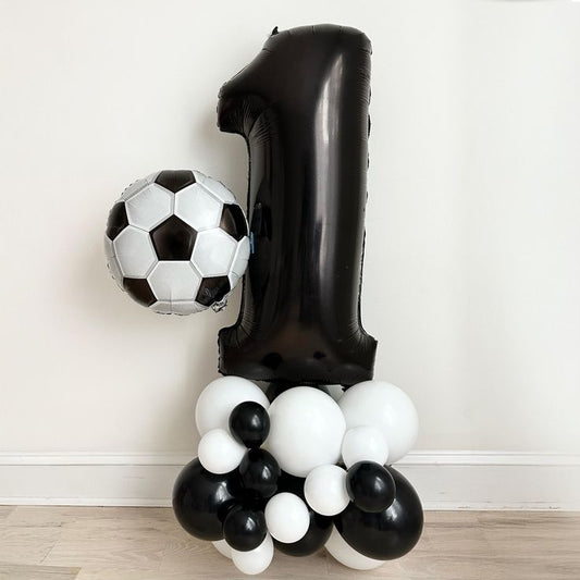 Number Balloon on Stand Black Number "1" Balloon Arrangement with Soccer Ball accents - Sports-Themed, Football-Themed, Soccer-Themed Customizable and Balloon Design