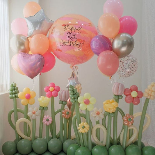 Customize Balloon Bouquet Flowers Colors Pink, Purple and Green with Personalised Clear with Latex, Customize Sticker and Helium Bunch Latex with Heart-Shape Foil - Garden-Themed Perfect for any special occasions!