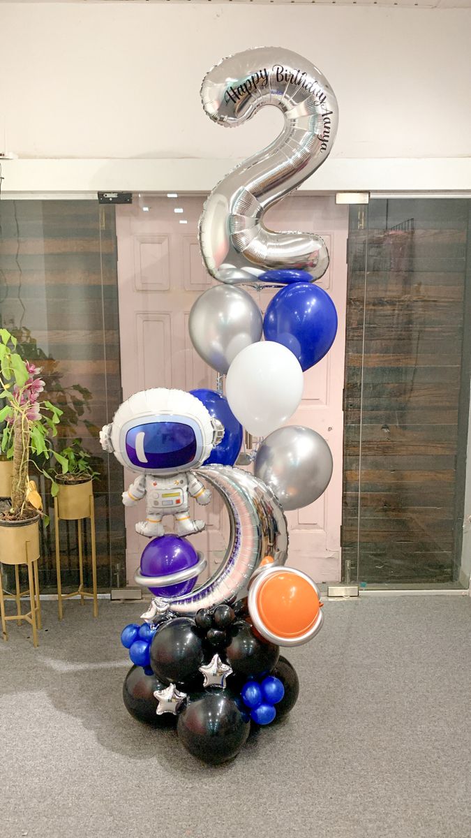 Helium Silver Number '2' with Latex White Blue Silver Bunch and Silver Moon with Astronaut and Stars accent on Stand – Customizable Design Galaxy-Themed