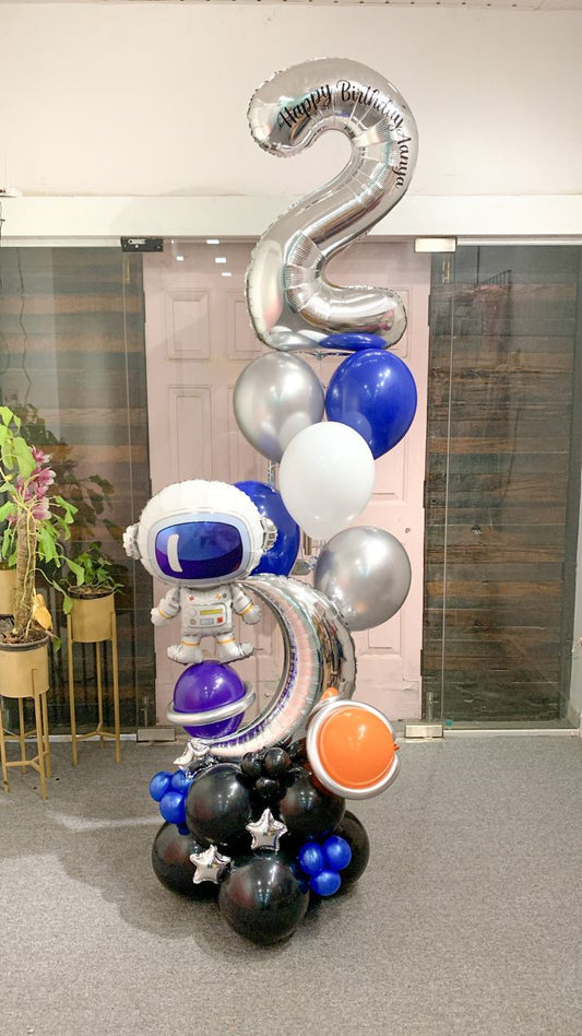 Helium Silver Number '2' with Latex White Blue Silver Bunch and Silver Moon with Astronaut and Stars accent on Stand – Customizable Design Galaxy-Themed