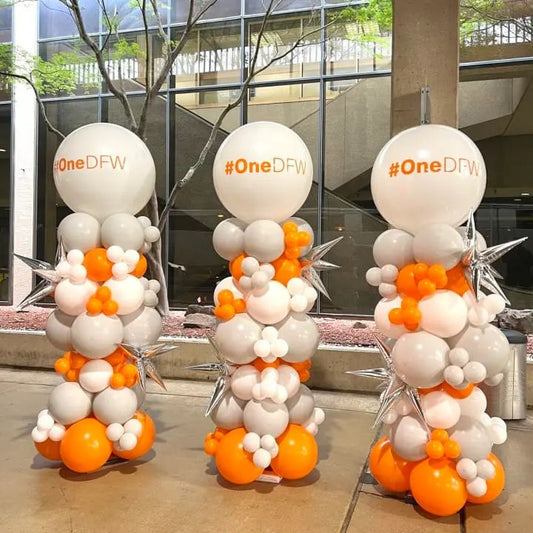 Personalised Company Logo Sticker Balloon White, Gray and Orange with Starburst and Tassels accents Pillar/Column/Tower - Corporate Event, Grand Opening, Company Event Perfect for special occasion!