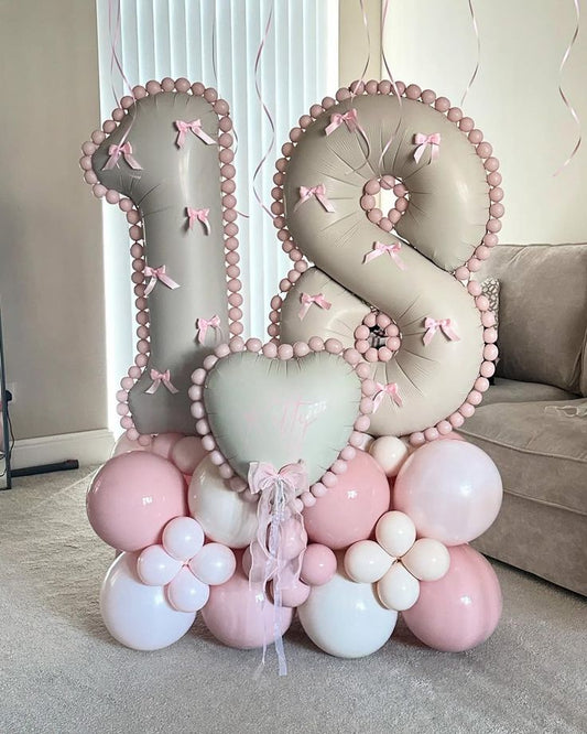 Platform Beige Numbers '18' with Latex Pink, Beige and White with Heart-Shaped Customize Sticker and Ribbon accents – Customizable Design