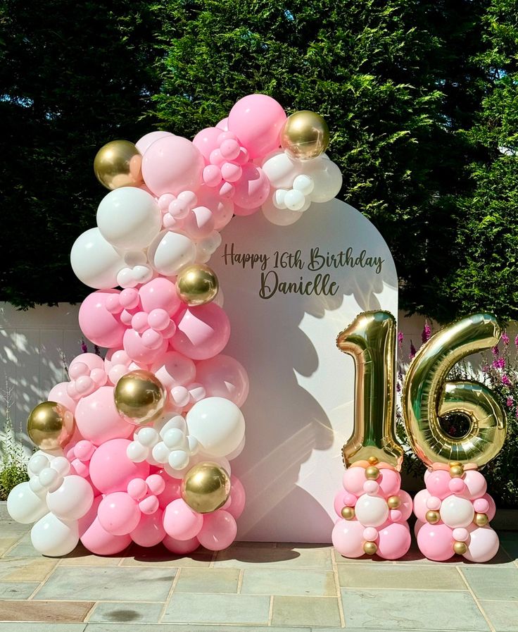 Customizable Board Backdrop with Balloons Gold, White and Pink with Number Balloon on Stand '16' - Perfect for special occasion