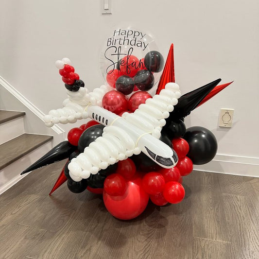 Personalize Clear Balloon with Customize Stickers, Customize White Balloon Designed Plane with Red and Black Stars accents  Aircraft-Themed Decor – Soar Into Celebration!