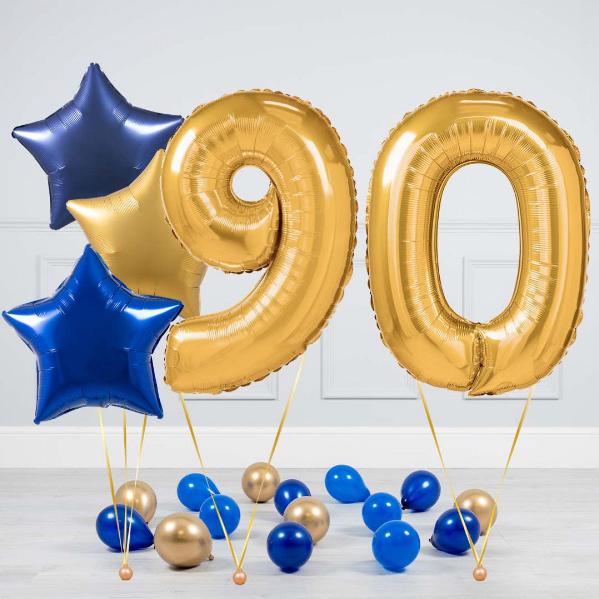 Helium Gold Two Number Set Balloon - Dark Blue, Blue and Gold Stars with Mini Balloons