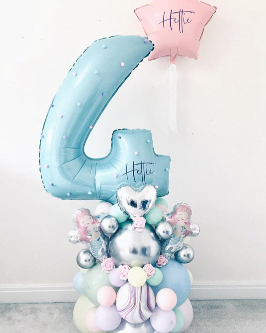 Balloon Purple, Silver, Blue, Green and Yellow with Customize Sticker, Blue Number Balloon on Stand '4' and Helium Balloon Pink Star with Customize Sticker and Ribbons - Birthday, Perfect for special occasion