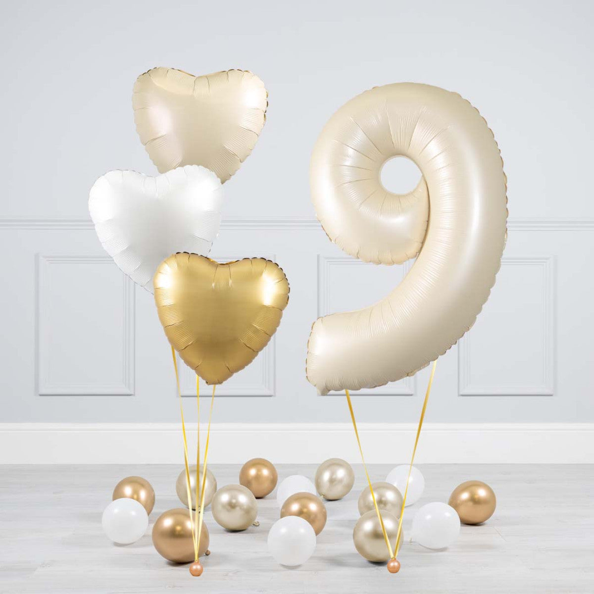 Helium Beige Single Number Set Balloon - Beige, White and Gold Hearts with Mini Balloons