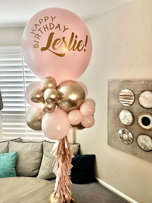 Personalised Pillar/Column/Tower Balloons Pink and Light Gold with Customize Sticker and Tassels - Birthday, Corporate Event, Grand Opening, Company Event Perfect for special occasion!