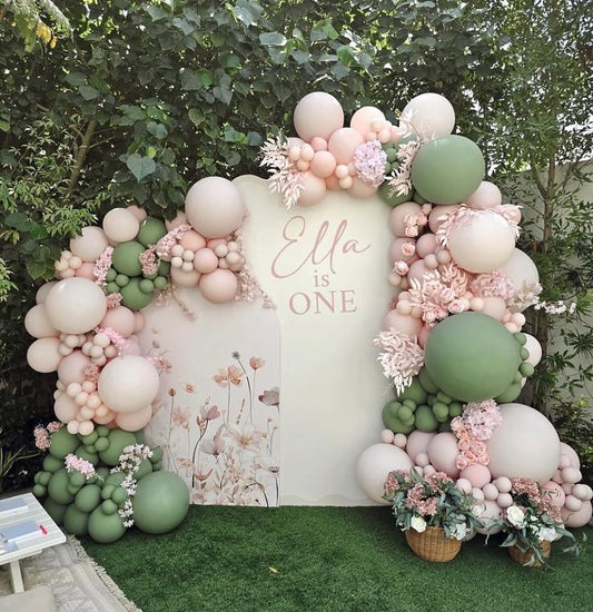 Customizable Board Backdrop with Balloons Green and Pink with Artificial Flowers and Leaves - Perfect for special occasion